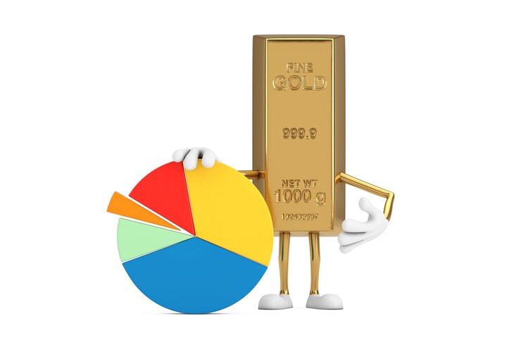 Photo golden bar cartoon person character mascot with info graphics business pie chart on a white background 3d rendering