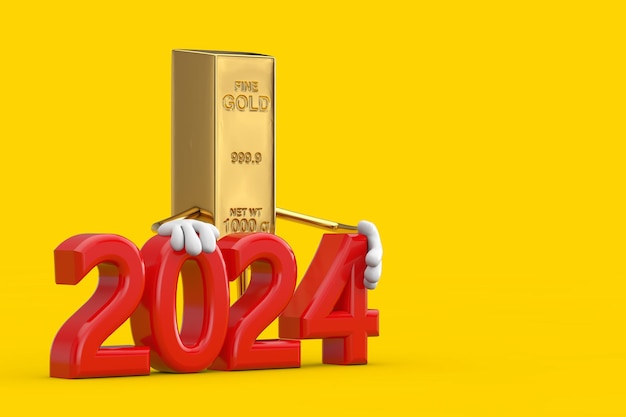 黄色の背景に赤の 2024 新年サインとゴールデン バー漫画人キャラクター マスコット 3 d レンダリング