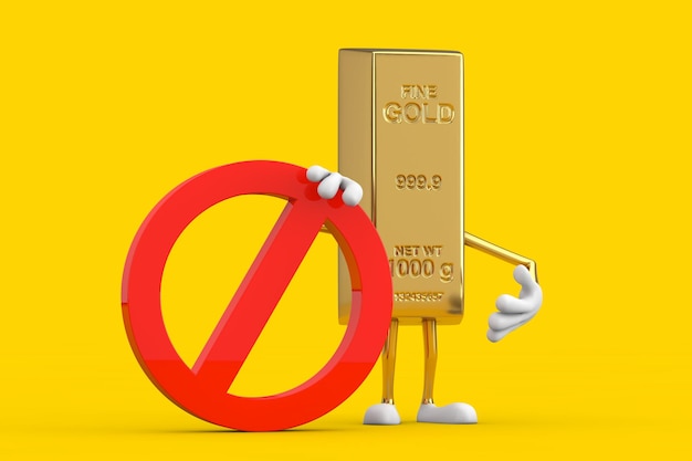 Golden Bar Cartoon Person Character Mascot with Red Prohibition or Forbidden Sign on a yellow background 3d Rendering