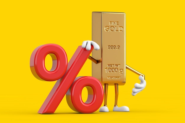 Golden Bar Cartoon Person Character Mascot with Red Retail Percent Sale or Discount Sign on a yellow background 3d Rendering