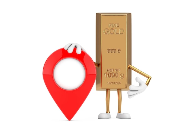 Golden Bar Cartoon Person Character Mascot with Red Target Map Pointer Pin on a white background 3d Rendering