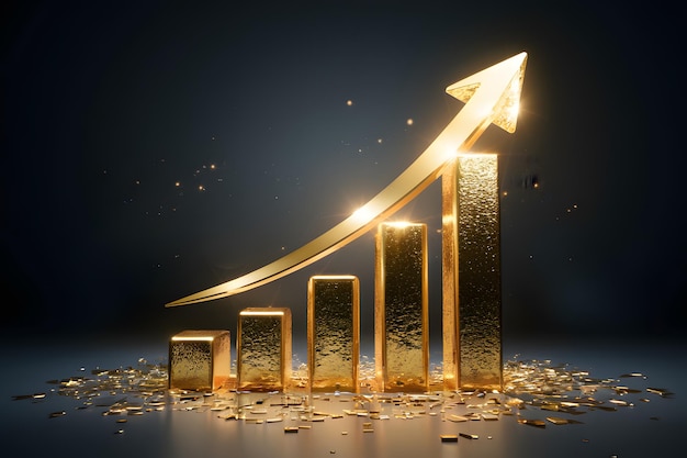 Photo golden bar graph with up arrow illustrates growth in 3d render