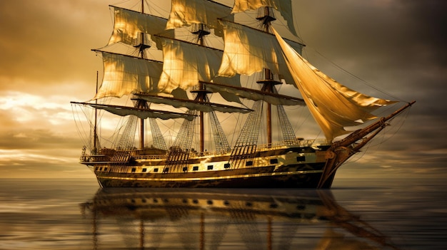 Golden barque ship with square sails on luxury abstract wave art background in gold line art style generative ai