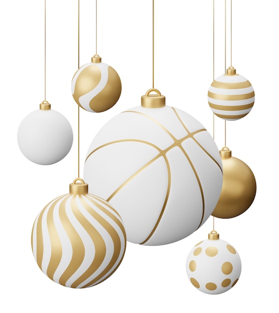 Foto golden basketball hanging christmas balls 3d render illustrazione isolata su sfondo bianco