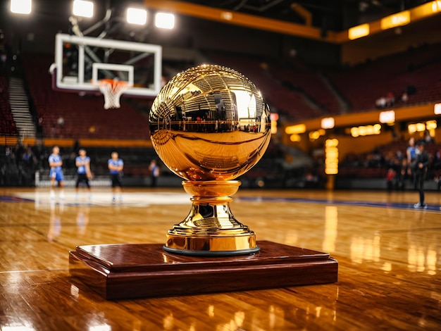 a golden basketball trophy on a glossy hardwood court