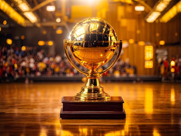 a golden basketball trophy on a glossy hardwood court