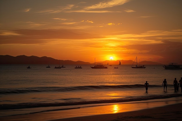 Golden beach calm sea people playing Happiness by the sea generative IA