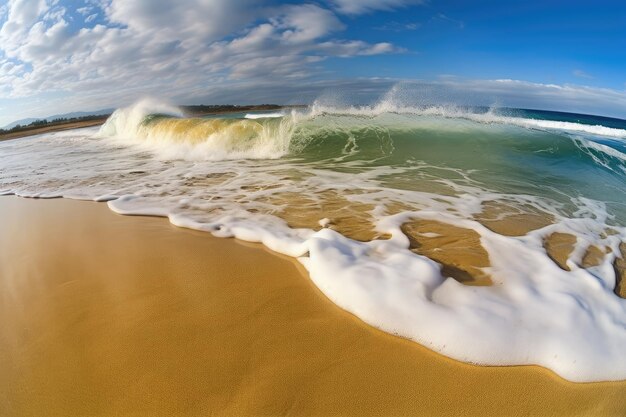 Golden beach scene with closeup of waves rolling onto shore created with generative ai