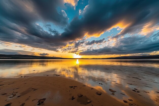 Golden beach at sunset with dramatic sky and clouds created with generative ai