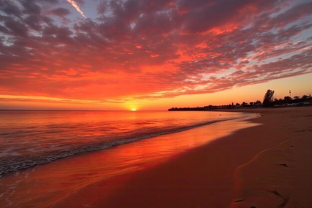 Golden beach at sunset with reds and oranges dominating the sky created with generative ai