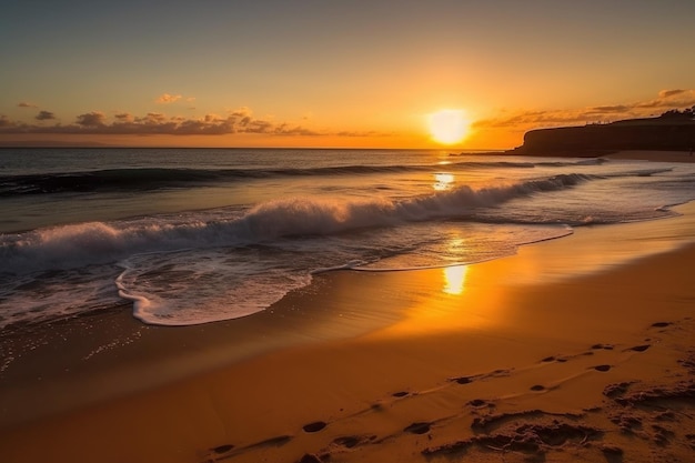 生成 AI で作成された、海の後ろに夕日が沈む夕日の黄金のビーチ