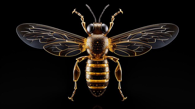 Golden Bee on Black Background 3D Illustration