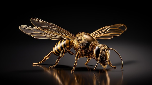 Golden Bee on Black Background 3D Illustration