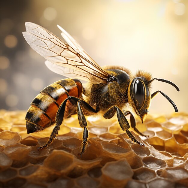 Golden Bee on Black Background 3D Illustration