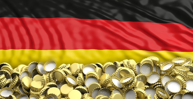 Golden beer caps pile on Germany flag backgroun 3d illustration