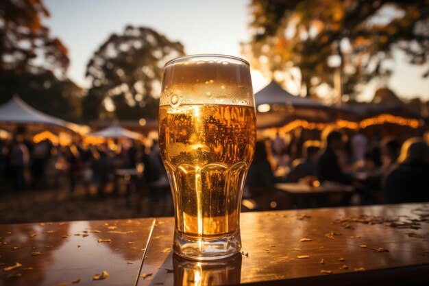 Golden beer in a cold glass in a picnic in the park with friends generative IA