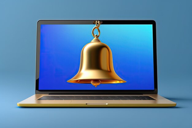 Golden bell on laptop screen blue background Generative AI