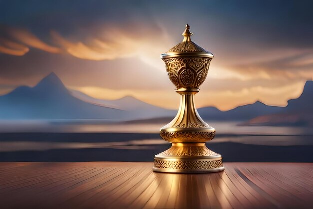 A golden bell with a mountain landscape in the background