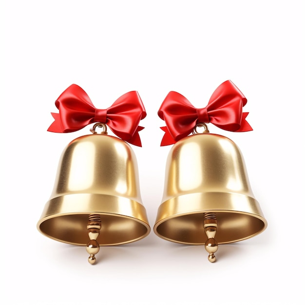 Золотые колокольчики с красной лентой на Рождество на белом фоне 3d рендеринг