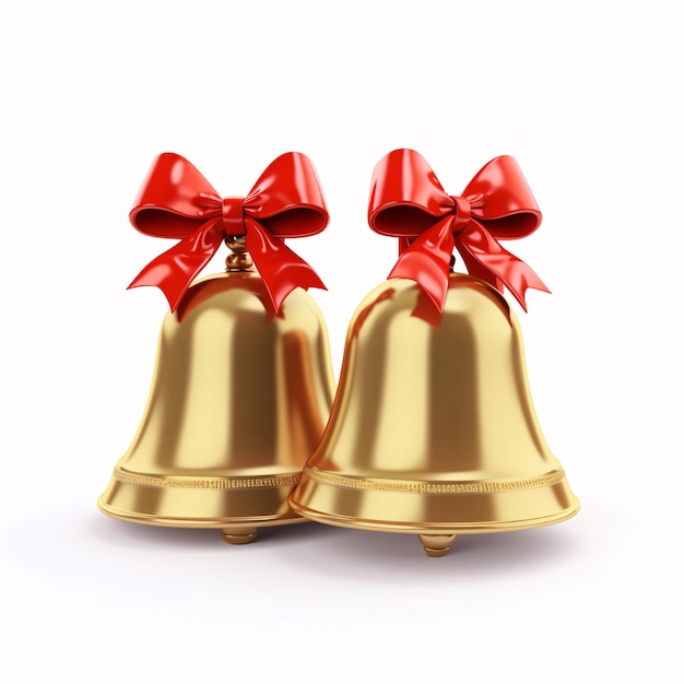 Golden bells with a red ribbon for Christmas on a white background 3d rendering