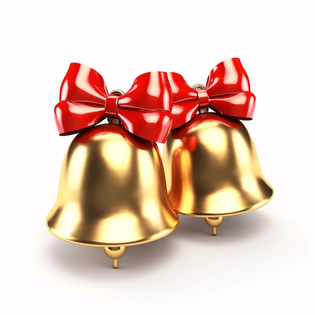 Golden bells with a red ribbon for Christmas on a white background 3d rendering