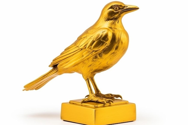 Foto una statuetta dorata di un uccello su un piedistallo giallo.