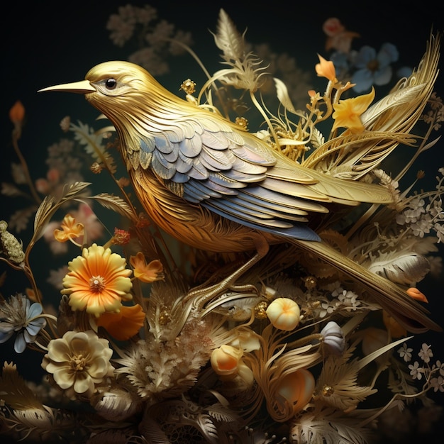 golden bird with golden flower 3d