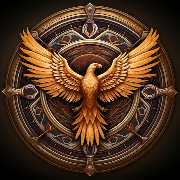 Photo a golden bird with wings in the center of a circular emblem