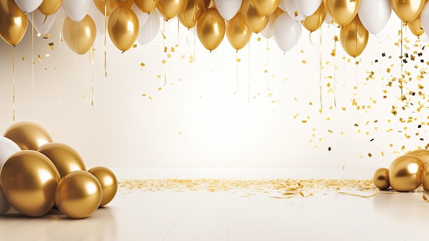 Golden birthday balloons and confetti in empty stage with white background Birthday Backdrop