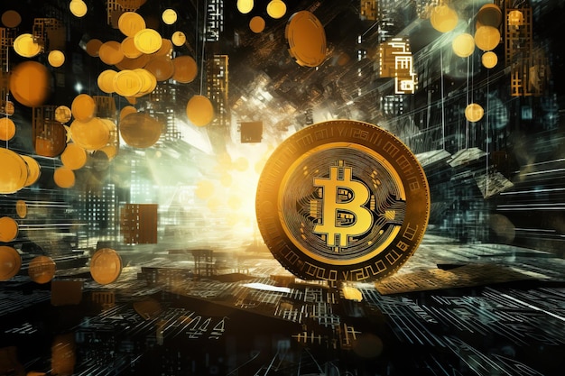 Golden bitcoin on abstract background Cryptocurrency concept