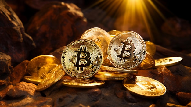 golden bitcoin on the background of the rocks and coins