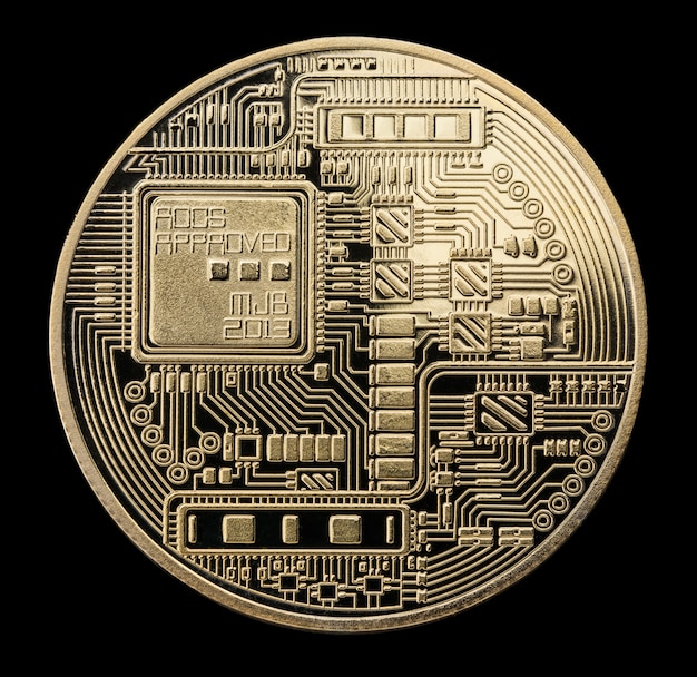 Golden bitcoin on a black background