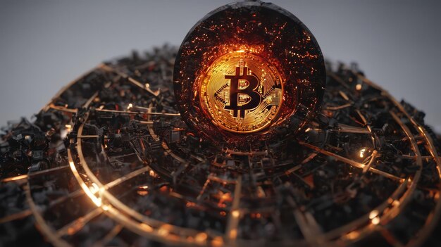 Golden Bitcoin on Black Object