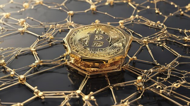 Golden Bitcoin on Black Surface