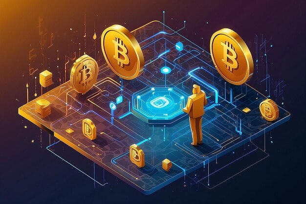 Foto concetto isometrico della tecnologia blockchain golden bitcoin adatto per il banner o la copertina della tecnologia futura