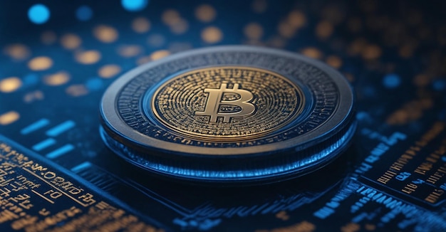 Golden bitcoin on a blue background Cryptocurrency concept 3D Rendering