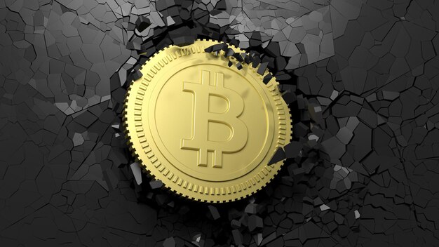 Golden bitcoin breaking forcibly through a black wall 3d illustration