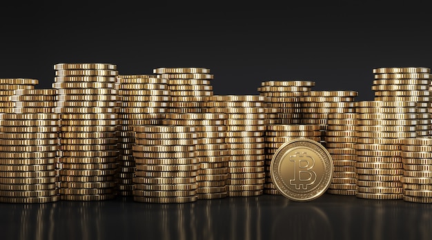 golden Bitcoin (BTC) among golden coins stacked on each other in different positions. 3d rendering