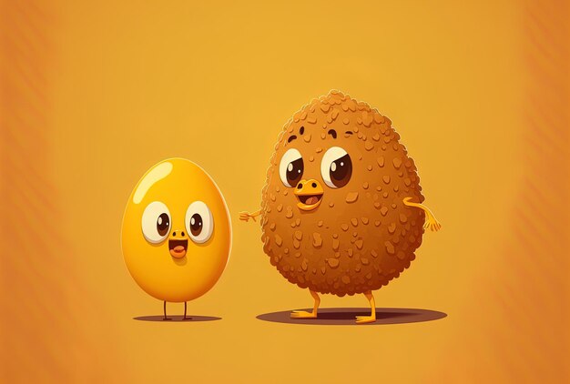 Golden bitcoin coin and a brown chicken egg figure mascot are shown on a yellow backdrop