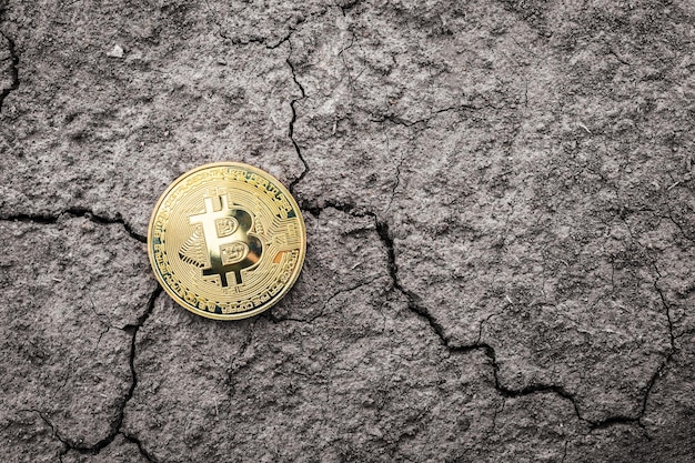 Golden bitcoin coin su sfondo di terra secca e incrinata concetto di crisi finanziaria criptovaluta bitcoin