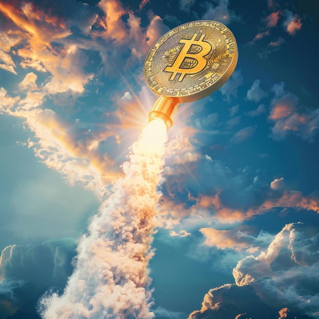 A golden Bitcoin coin is mounted on a rocket engine blazing through a dramatic sky perfectly illustrating the explosive growth and powerful thrust of cryptocurrency in the global market