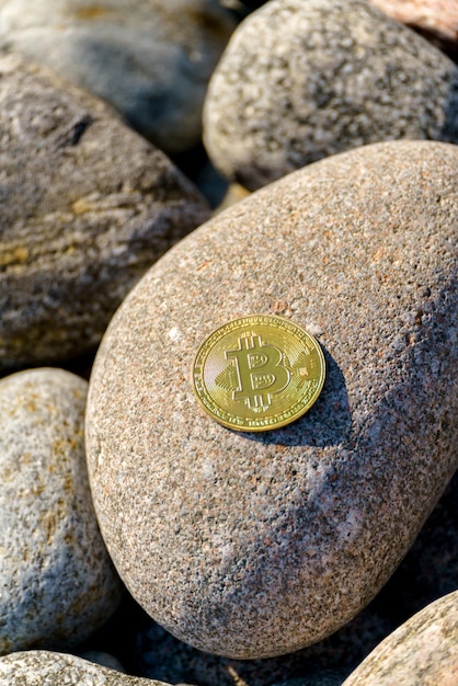 Golden bitcoin coin in natural stones New financial system