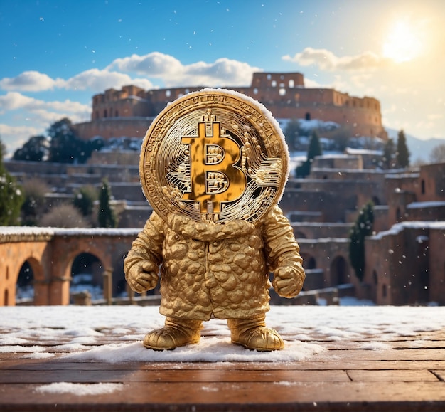 Photo golden bitcoin coin stands on the background of the colosseum in winter