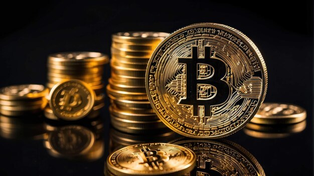 Golden Bitcoin coins on a dark background