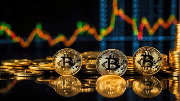 Photo golden bitcoin coins on a dark background