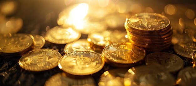 Golden Bitcoin coins stacked with blurred background