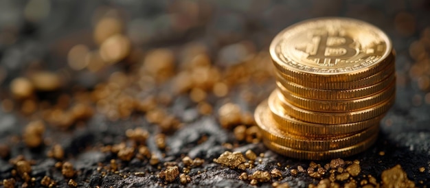 Golden Bitcoin coins stacked with blurred background