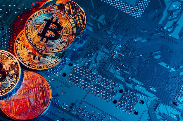 Golden bitcoin and computer chip in background