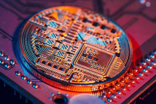 Golden bitcoin and computer chip in 