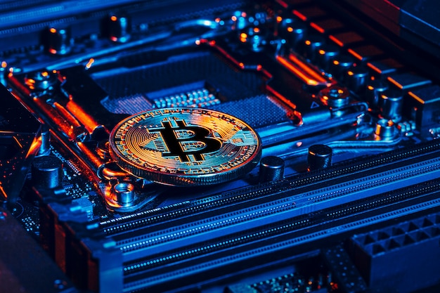 golden bitcoin and computer chip